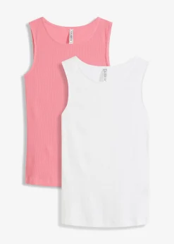 bonprix bonprix Top de canalé de algodón orgánico puro (2 unidades) blanco+rosa brillante Clearance