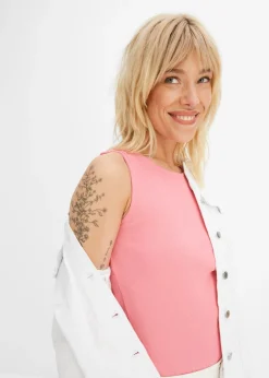 bonprix bonprix Top de canalé de algodón orgánico puro (2 unidades) blanco+rosa brillante Clearance