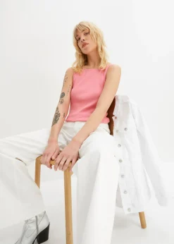 bonprix bonprix Top de canalé de algodón orgánico puro (2 unidades) blanco+rosa brillante Clearance
