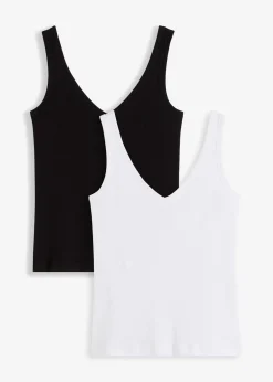 bonprix bonprix Top de canalé de algodón orgánico puro (2 unidades) Blanco+negro Outlet