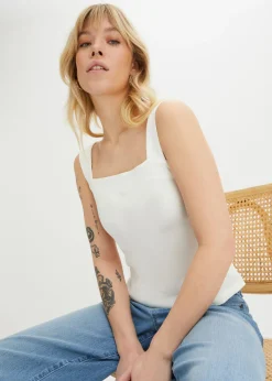 bonprix bonprix Top de canalé de algodón orgánico (2 unidades) Blanco lana-negro Discount