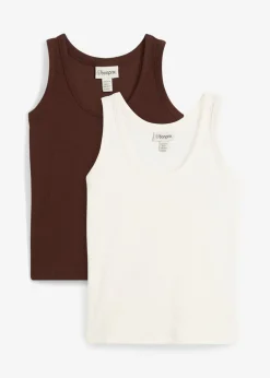 bonprix bonprix Top de canalé de algodón orgánico (2 unidades) blanco lana/marrón tierra Clearance