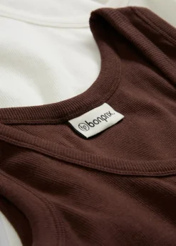 bonprix bonprix Top de canalé de algodón orgánico (2 unidades) blanco lana/marrón tierra Clearance