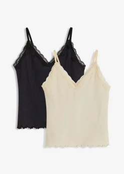 bonprix bonprix Top de canalé de mezcla de viscosa suave (2 unidades) Gris guijarro + negro Sale