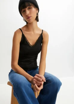 bonprix bonprix Top de canalé de mezcla de viscosa suave (2 unidades) Blanco lana/azul marino Clearance
