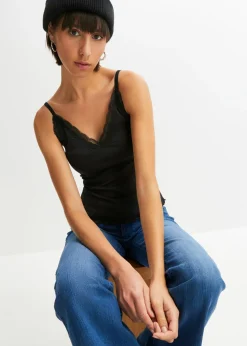 bonprix bonprix Top de canalé de mezcla de viscosa suave (2 unidades) Blanco lana/azul marino Clearance