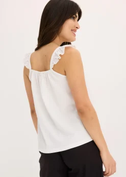 bonprix bonprix Top de crepé de punto con tirantes con volantes Blanco New
