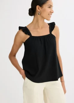 bonprix bonprix Top de crepé de punto con tirantes con volantes Negro Online