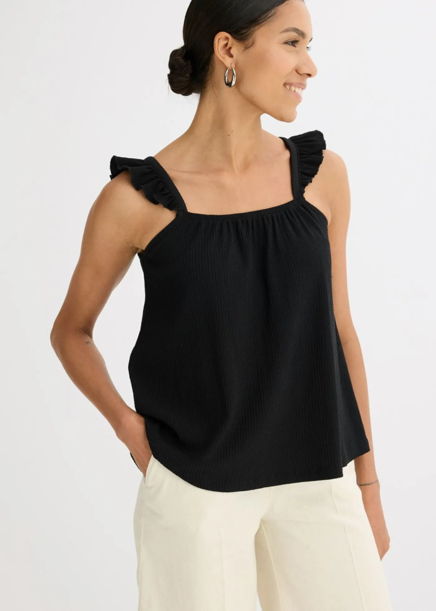 bonprix bonprix Top de crepé de punto con tirantes con volantes Negro Online