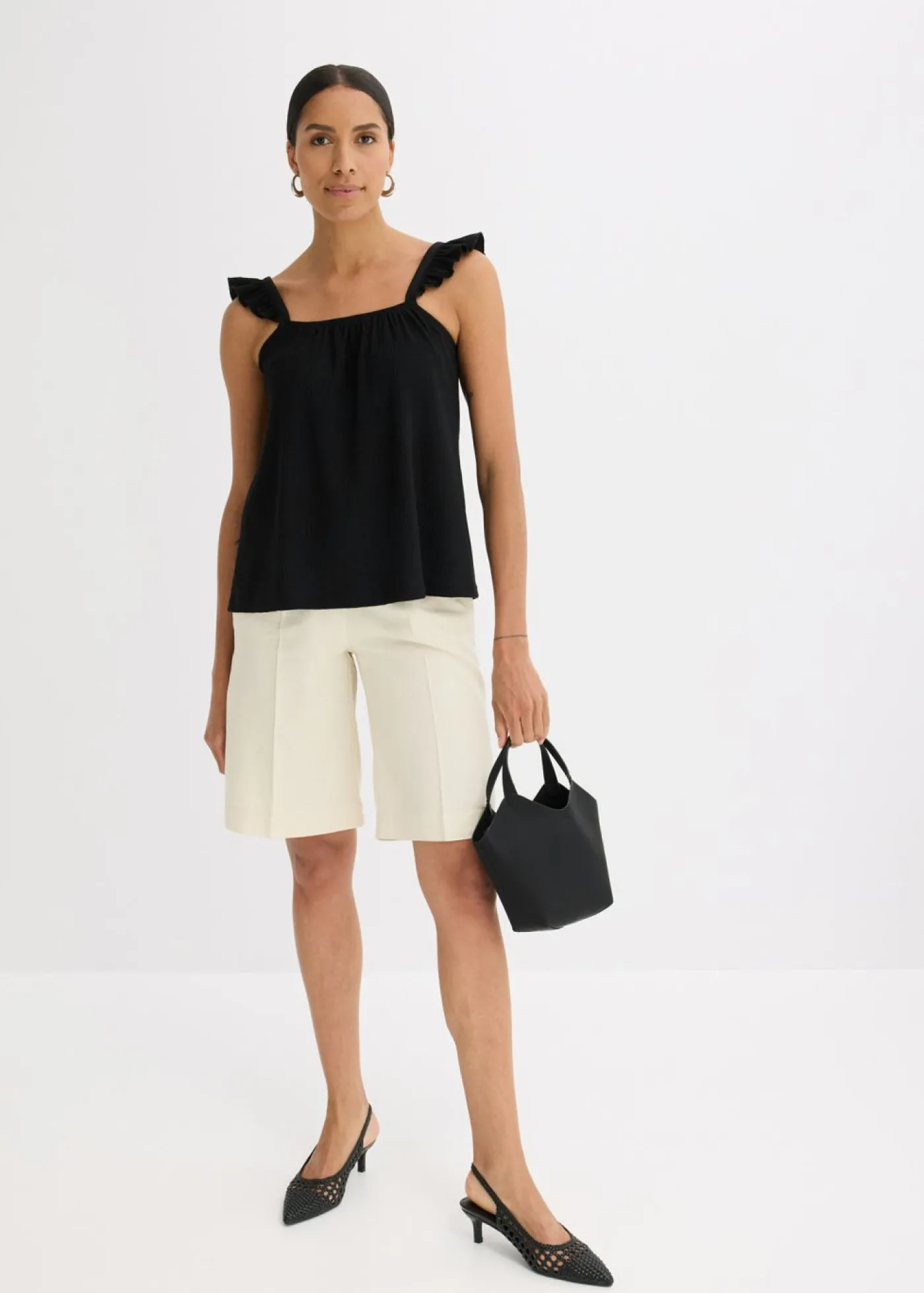 bonprix bonprix Top de crepé de punto con tirantes con volantes Negro Online