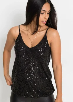 bonprix bonprix Top de mezcla de viscosa suave con tirantes finos y lentejuelas Negro Hot