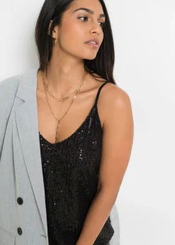 bonprix bonprix Top de mezcla de viscosa suave con tirantes finos y lentejuelas Negro Hot