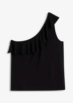 bonprix bonprix Top de mezcla de viscosa suave con un hombro al descubierto y volante decorativo Negro Hot