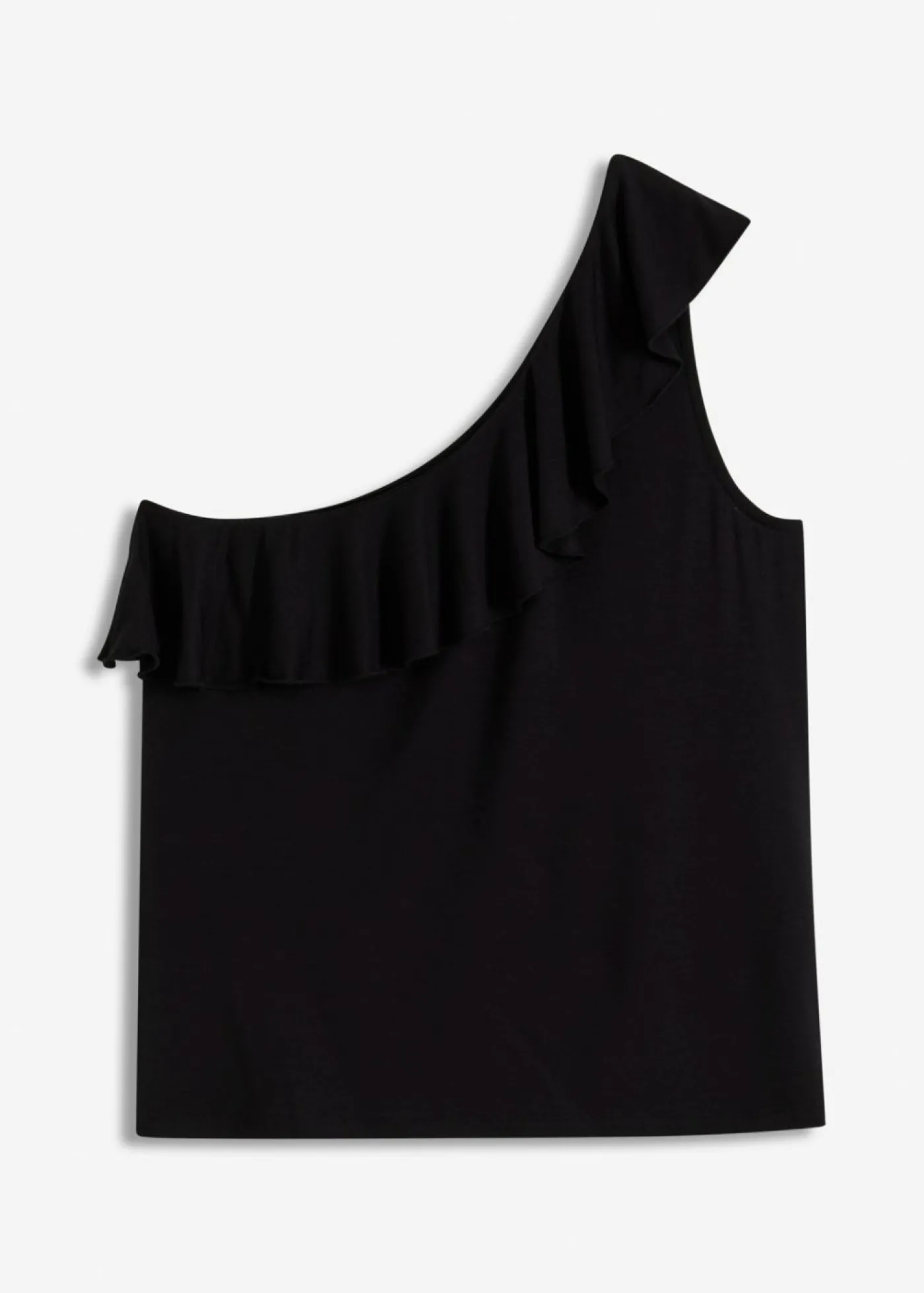 bonprix bonprix Top de mezcla de viscosa suave con un hombro al descubierto y volante decorativo Negro Hot