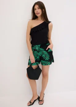 bonprix bonprix Top de mezcla de viscosa suave con un hombro al descubierto y volante decorativo Negro Hot