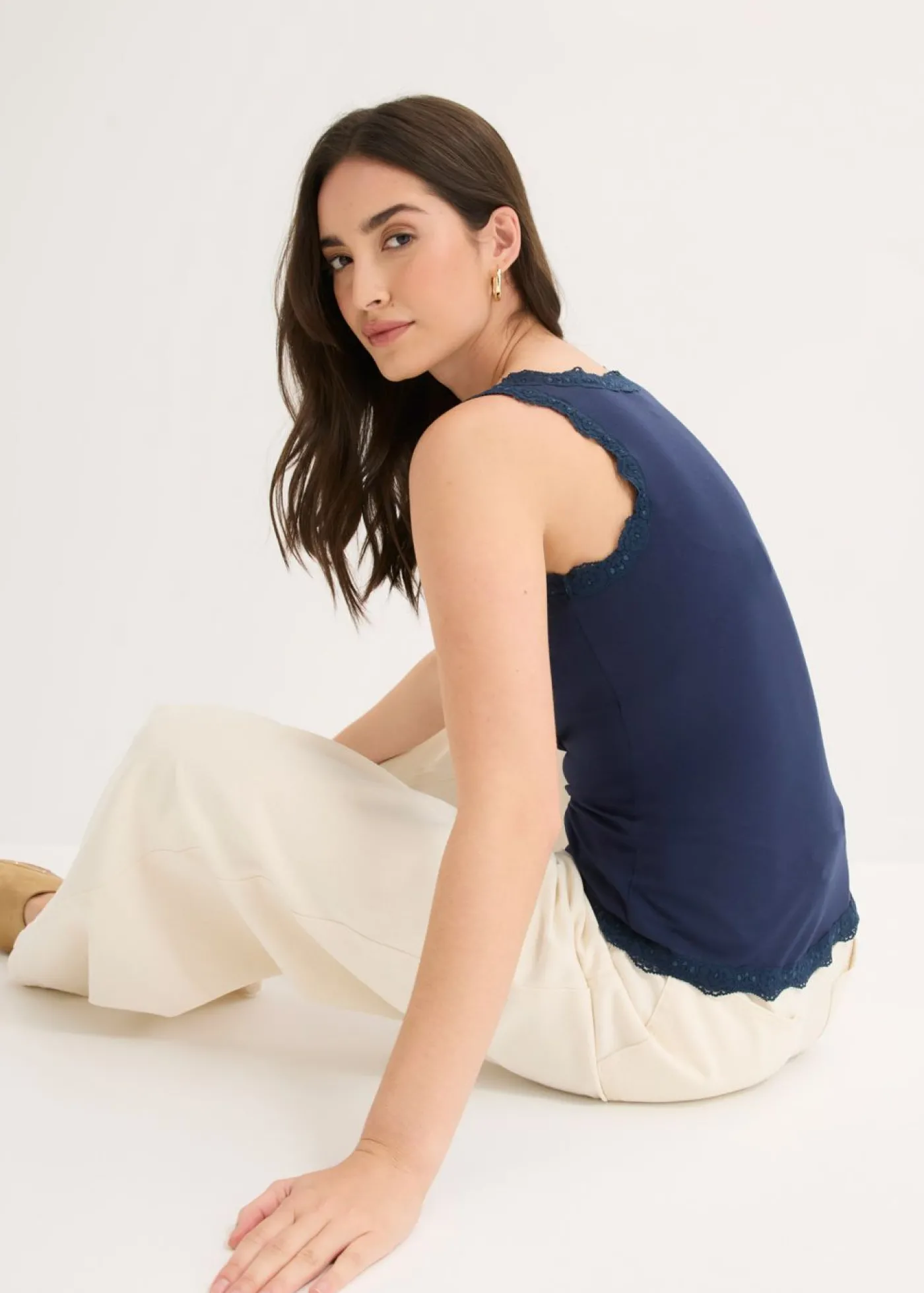 bonprix bonprix Top de mezcla de viscosa suave (2 unidades) Azul marino-blanco Clearance