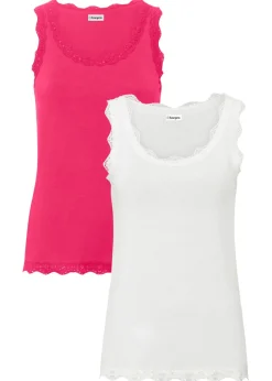 bonprix bonprix Top de mezcla de viscosa suave (2 unidades) Rosa oscuro + blanco lana