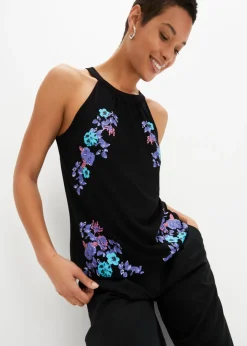 bonprix bonprix Top de mezcla de viscosa fluida Negro estampado Clearance