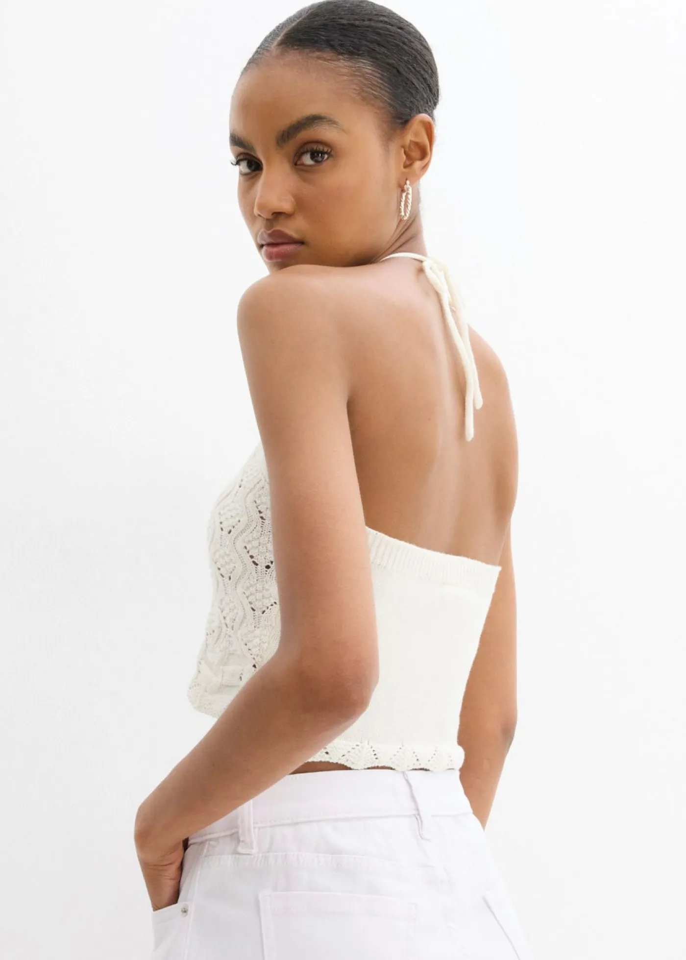 bonprix bonprix Top de punto anudado al cuello Blanco lana Sale
