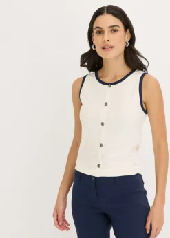 bonprix bonprix Top de punto con panel en contraste beige natural-azul marino Outlet