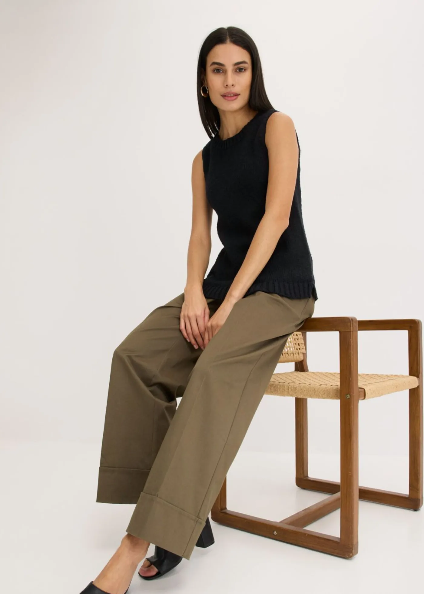 bonprix bonprix Top de punto de algodón con textura nudosa Negro New