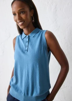 bonprix bonprix Top de punto fino con contenido de seda y cuello tipo polo verde mar New