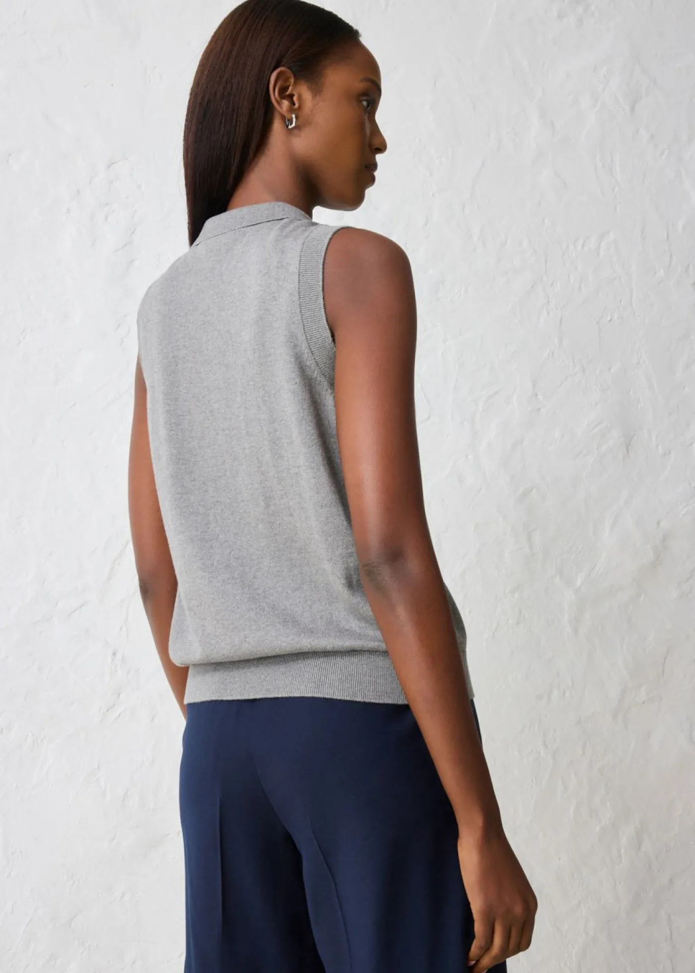 bonprix bonprix Top de punto fino con contenido de seda y cuello tipo polo Gris jaspeado Best
