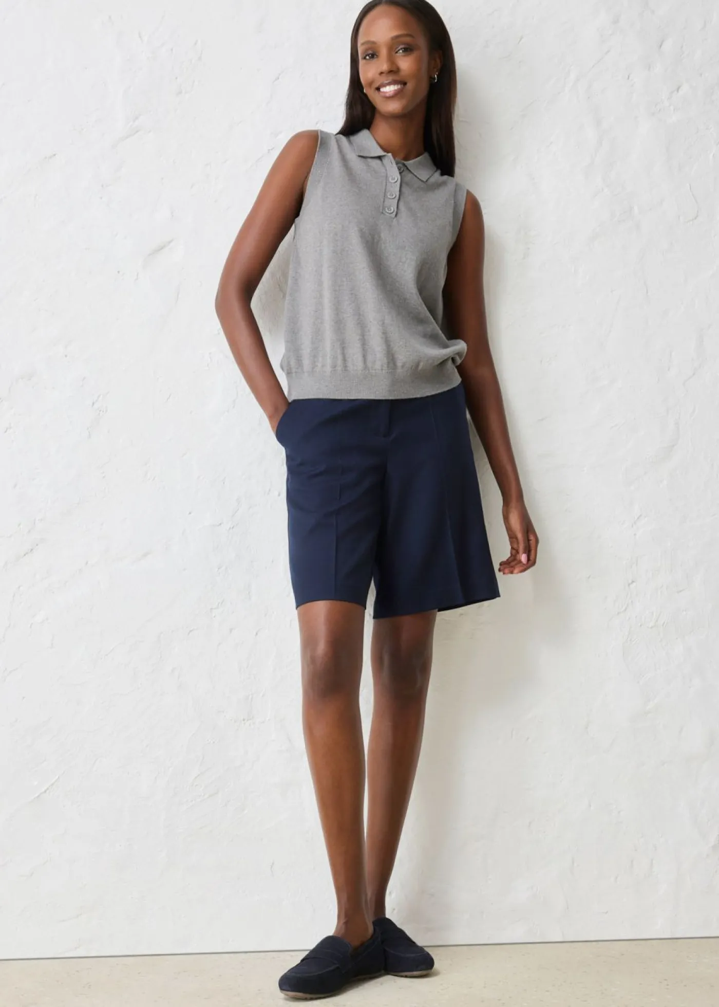 bonprix bonprix Top de punto fino con contenido de seda y cuello tipo polo Gris jaspeado Best