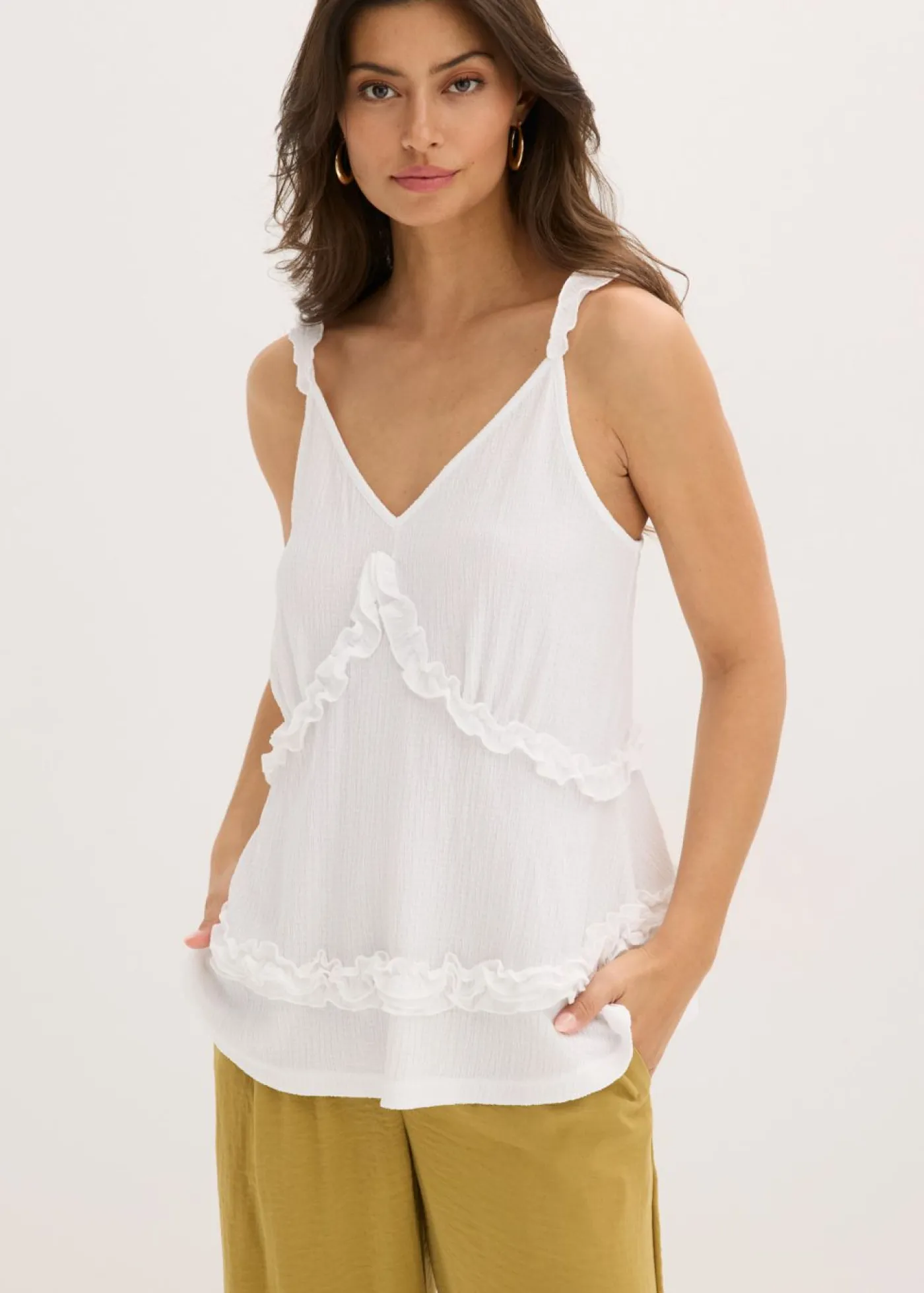 bonprix bonprix Top de tirantes finos con volantes Blanco Sale