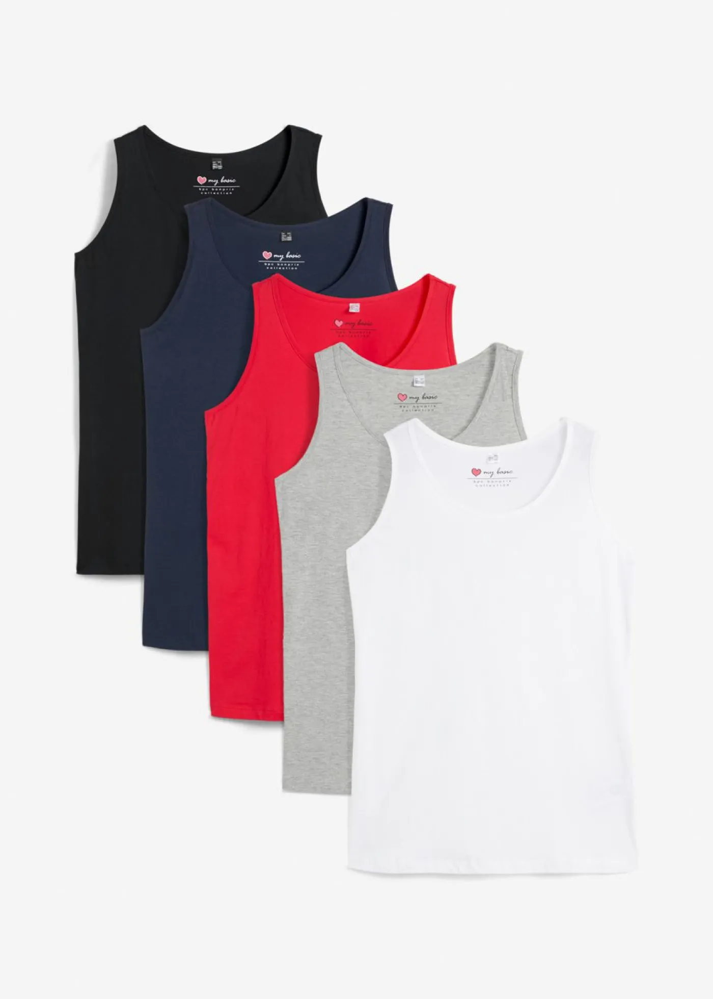 bonprix bonprix Top largo de algodón orgánico puro (5 unidades) fresa+blanco+gris claro moteado+azul marino+negro Discount