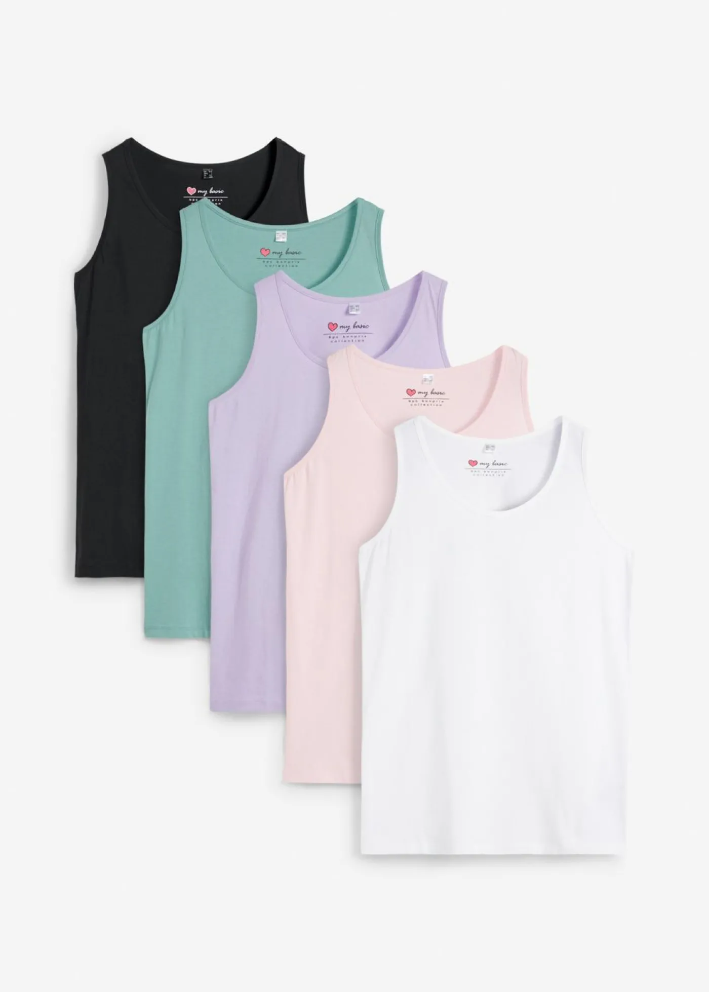 bonprix bonprix Top largo de algodón orgánico puro (5 unidades) lavanda + salvia fumé+ rosa pálido + negro + blanco Clearance