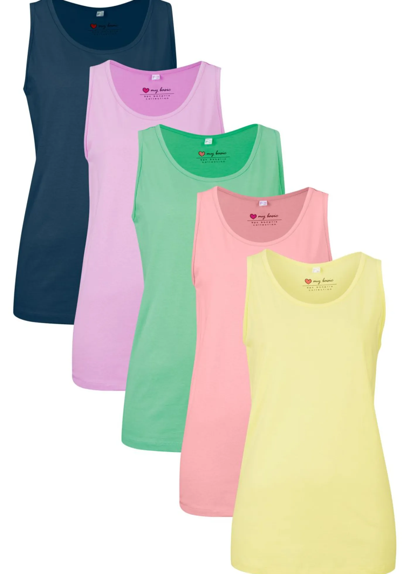 bonprix bonprix Top largo de algodón orgánico puro (5 unidades) rosa pálido+lila claro+hierbabuena+lima suave+azul marino Best