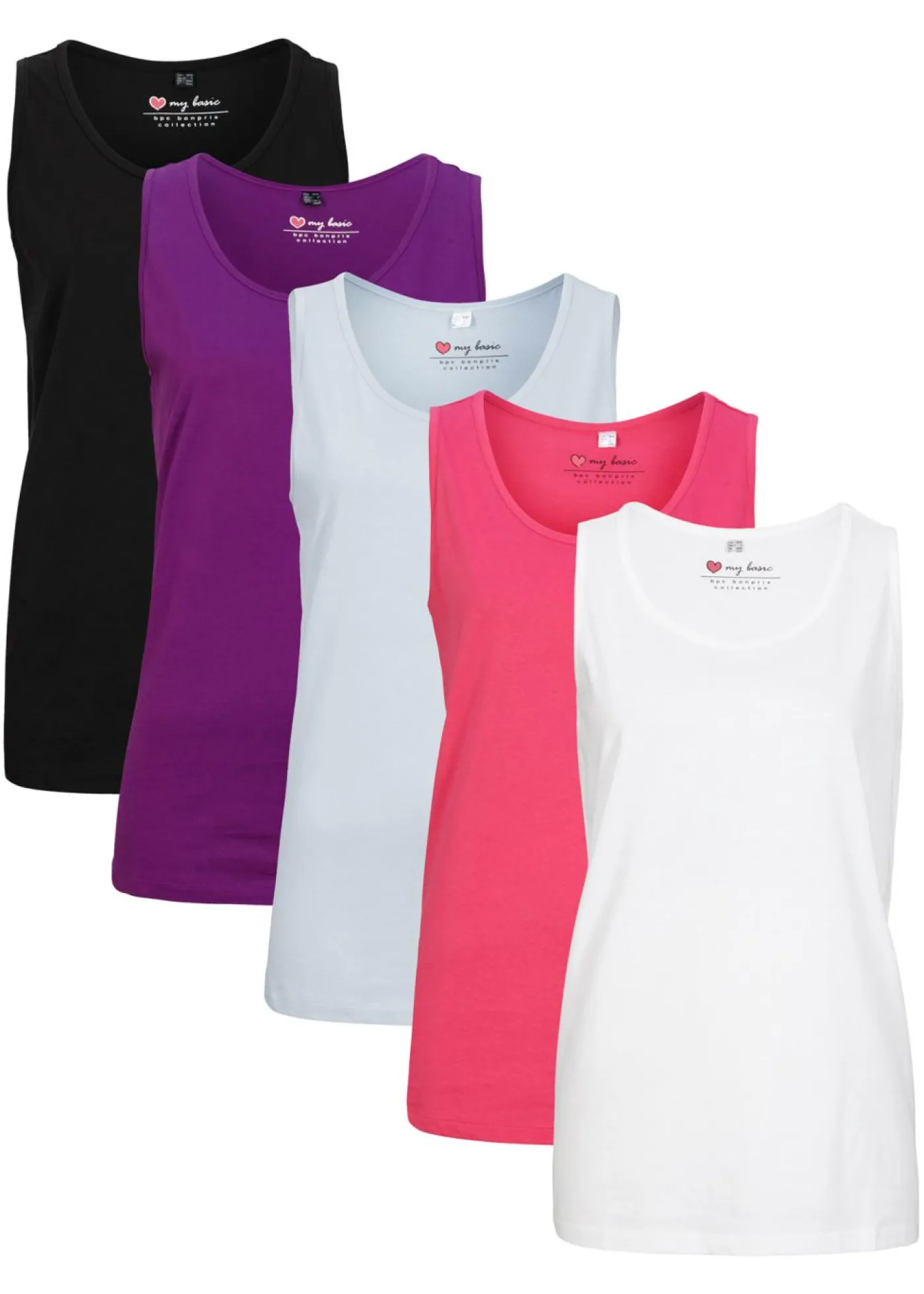bonprix bonprix Top largo de algodón orgánico puro (5 unidades) azul pálido + fucsia+ blanco + negro + morado oscuro Clearance