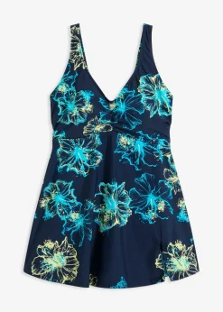 bonprix bonprix Traje de baño con efecto moldeador medio y escote en V Azul marino/turquesa/amarillo estampado Outlet