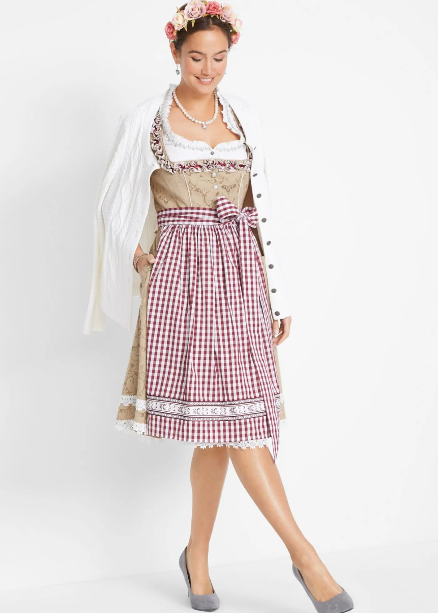 bonprix bonprix Traje tradicional tirolés con delantal hasta la rodilla Beige estampado Sale