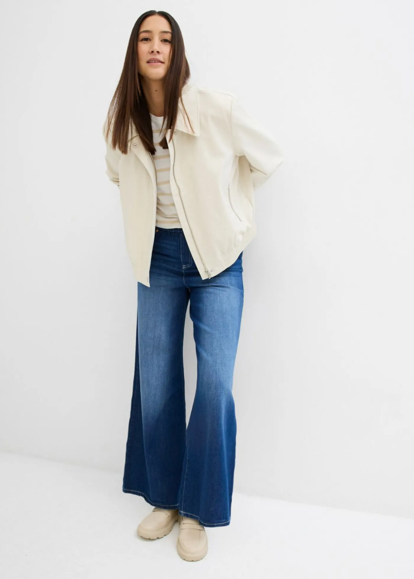 bonprix bonprix Vaqueros anchos de talle medio con cinturilla cómoda Denim intenso usado Discount