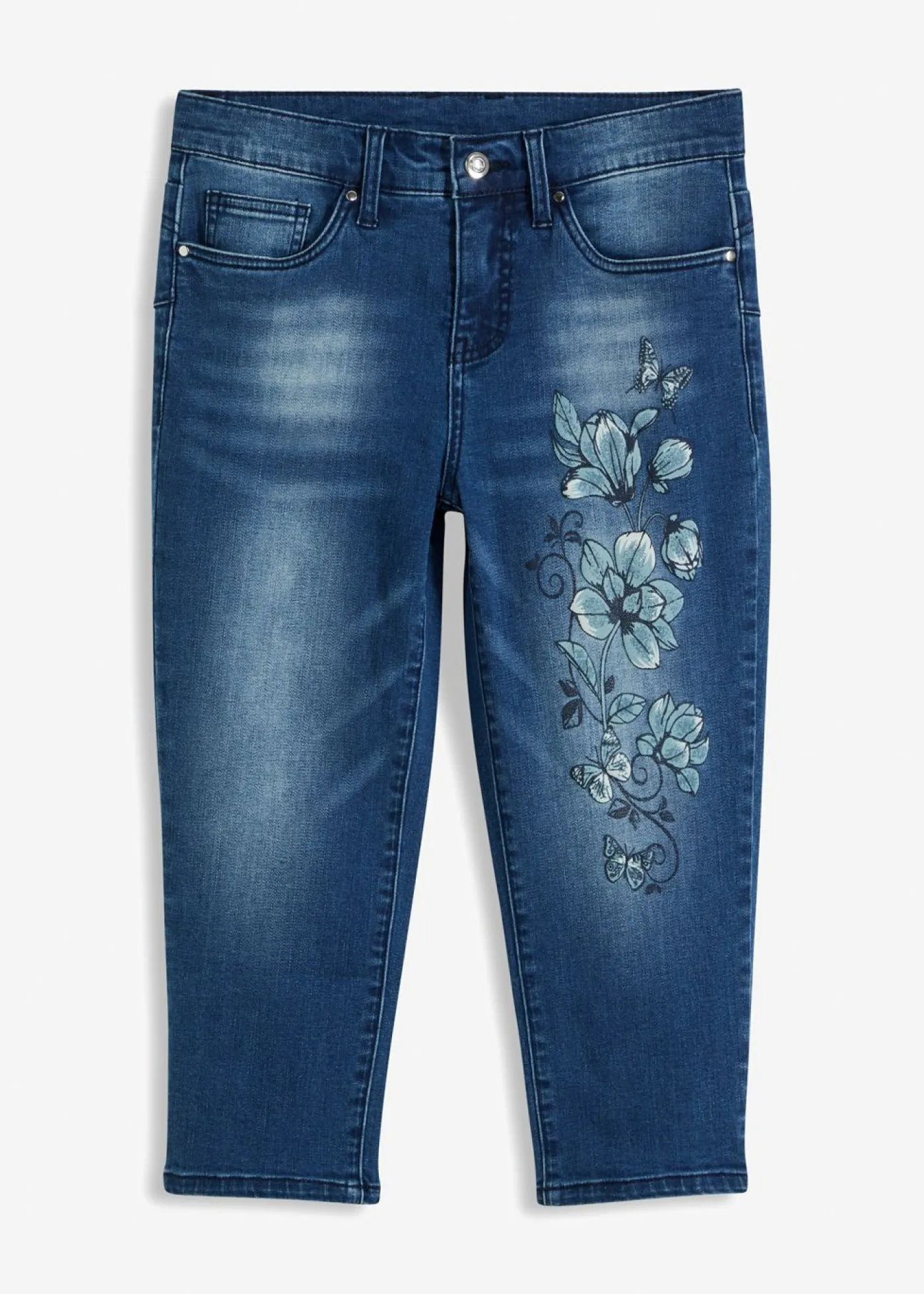 bonprix bonprix Vaqueros capri con estampado de mariposas azul piedra con flores Hot