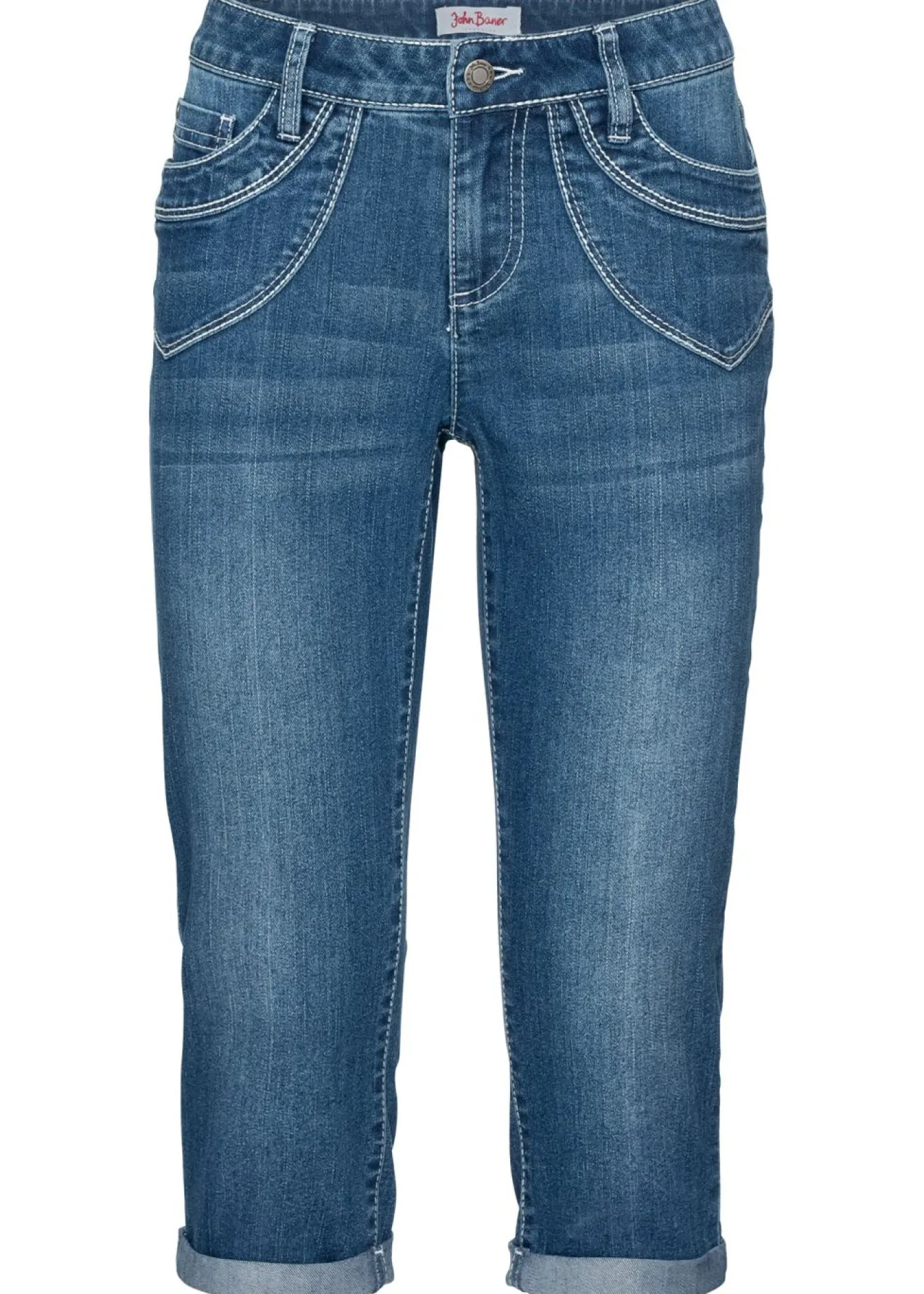 bonprix bonprix Vaqueros capri de talle medio con corte recto Azul desgastado Sale