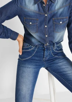bonprix bonprix Vaqueros capri de talle medio con corte recto Azul desgastado Sale