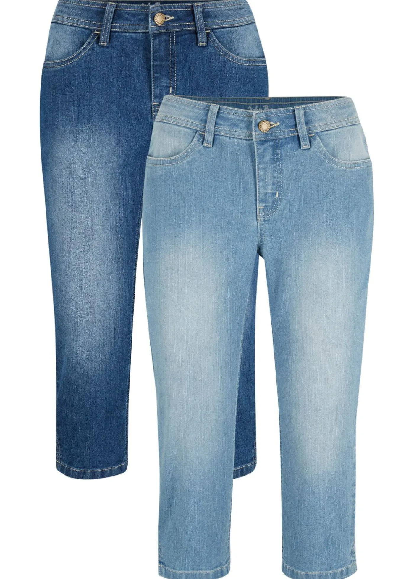 bonprix bonprix Vaqueros capri elásticos, cómodos, 2 unidades Azul + azul claro desgastado Online
