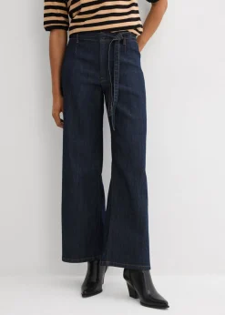 bonprix bonprix Vaqueros con perneras anchas, talle alto y largo cropped Azul oscuro denim