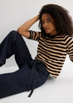 bonprix bonprix Vaqueros con perneras anchas, talle alto y largo cropped Azul oscuro denim