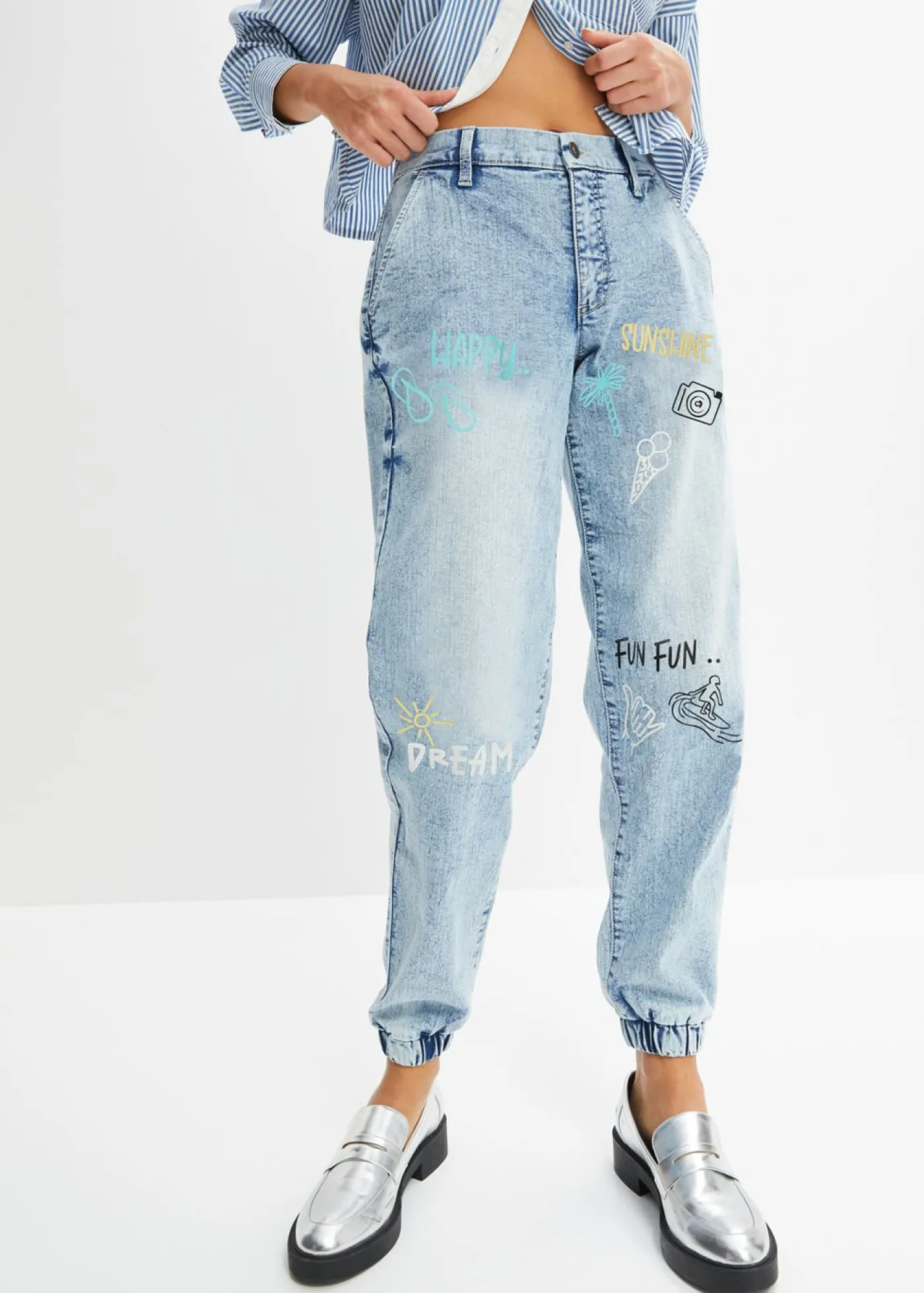 bonprix bonprix Vaqueros con talle medio, cinturilla cómoda y corte barrel azul hielo denim Sale