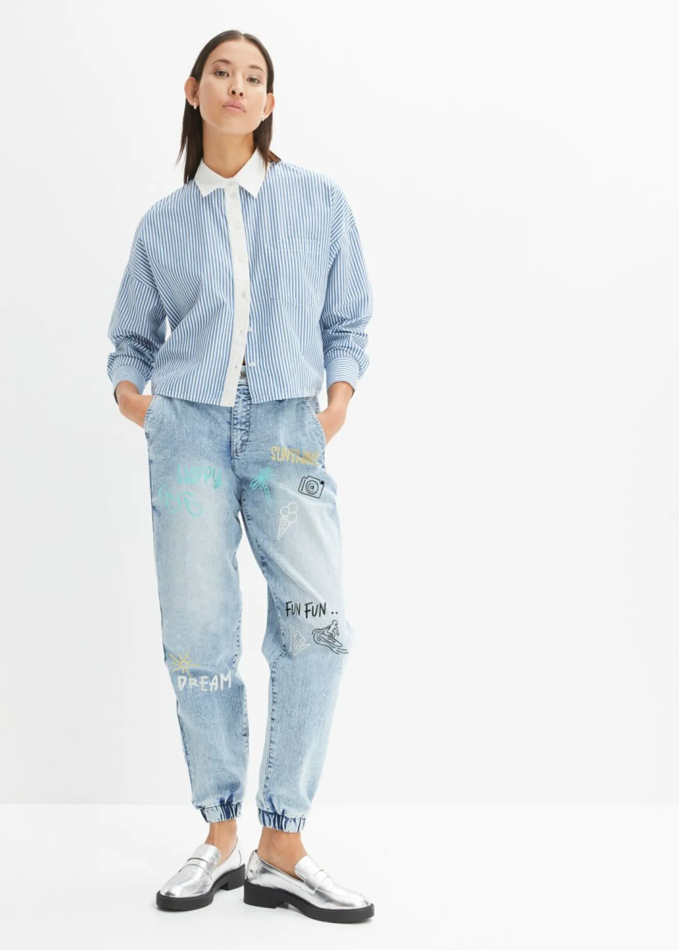 bonprix bonprix Vaqueros con talle medio, cinturilla cómoda y corte barrel azul hielo denim Sale