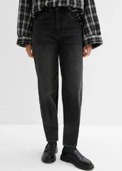 bonprix bonprix Vaqueros de algodón ecológico con talle alto y corte barrel Denim negro desgastado Clearance