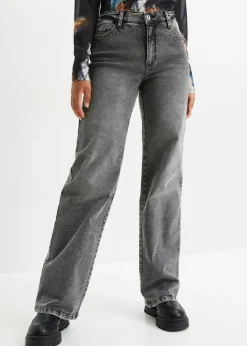 bonprix bonprix Vaqueros de pernera ancha, high waist, con tachuelas denim gris Discount