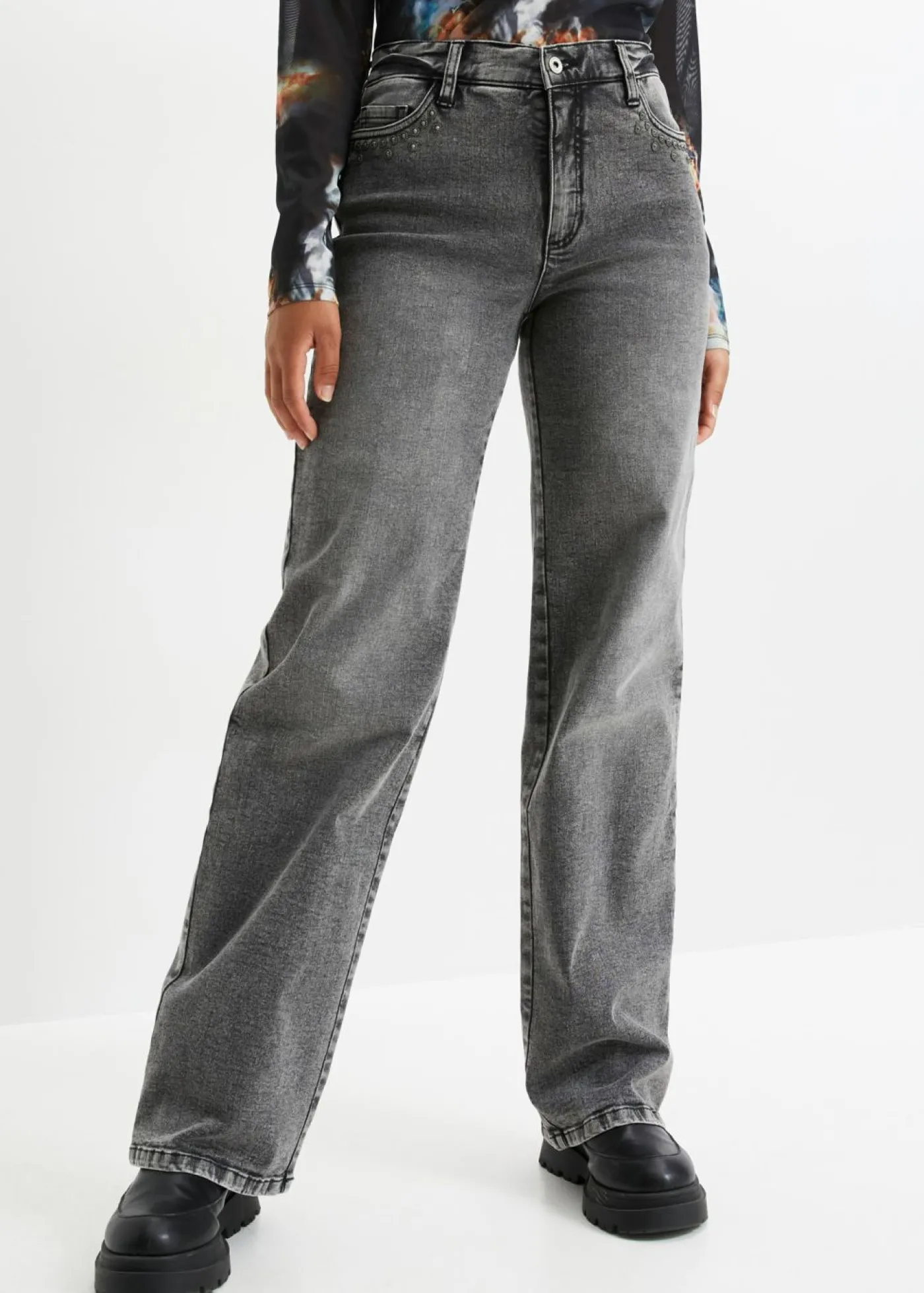 bonprix bonprix Vaqueros de pernera ancha, high waist, con tachuelas denim gris Discount