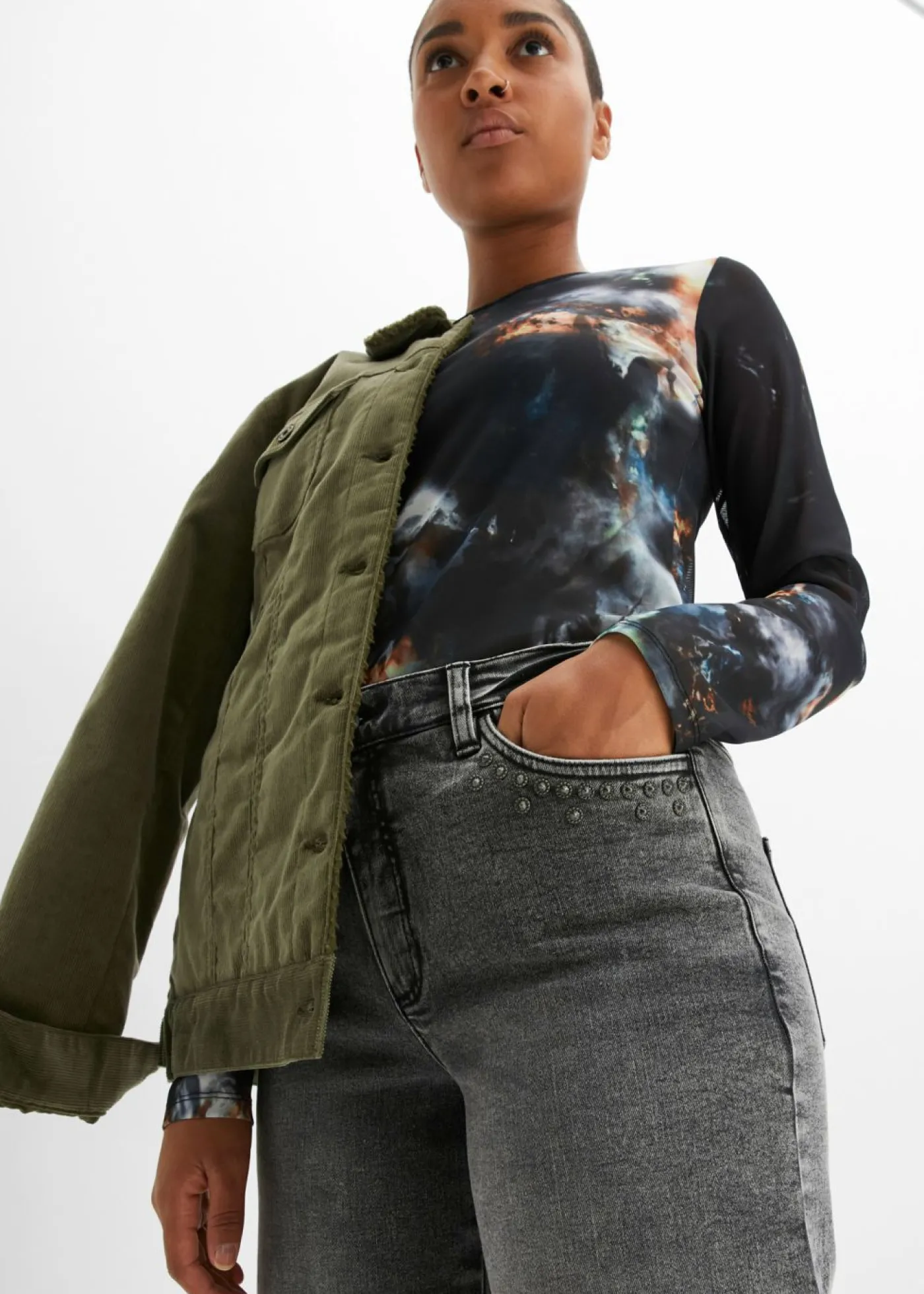 bonprix bonprix Vaqueros de pernera ancha, high waist, con tachuelas denim gris Discount