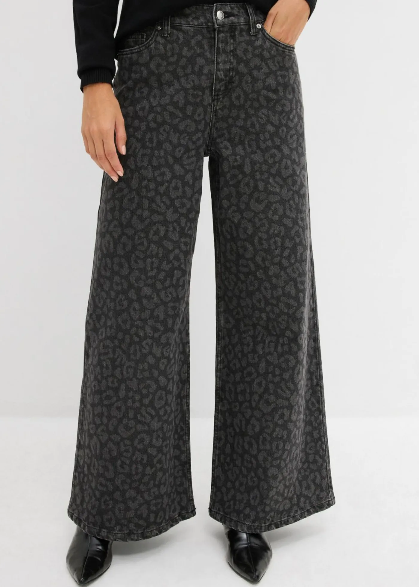 bonprix bonprix Vaqueros de pernera ancha, mid waist estampado leo denim gris oscuro Online