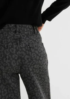 bonprix bonprix Vaqueros de pernera ancha, mid waist estampado leo denim gris oscuro Online